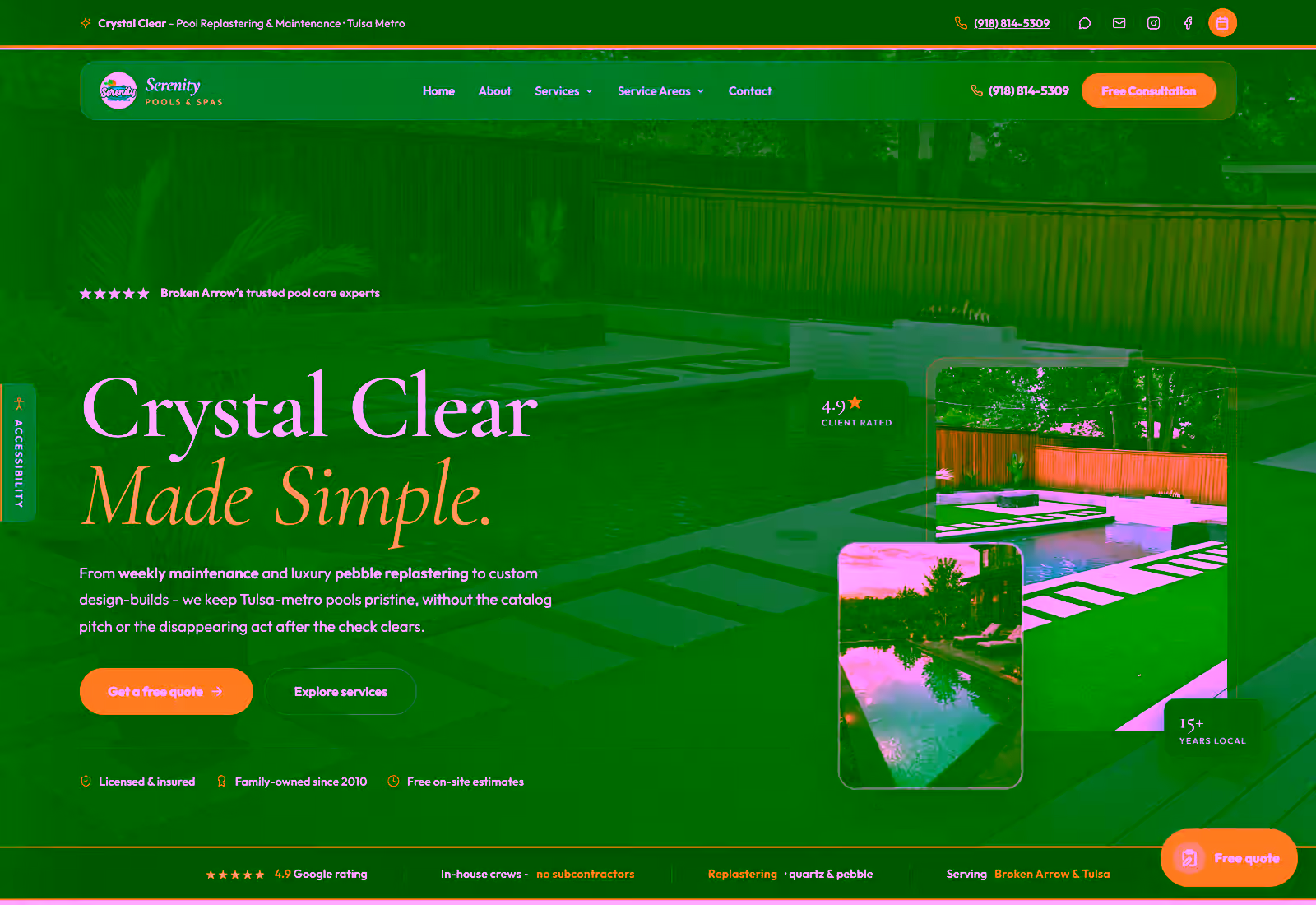 Serenity Pools and Spa website hero